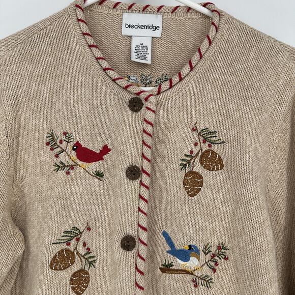 Breckenridge Cardigan Sweater Womens Medium Tan Button Embroidered Birds Beaded - Picture 2 of 11
